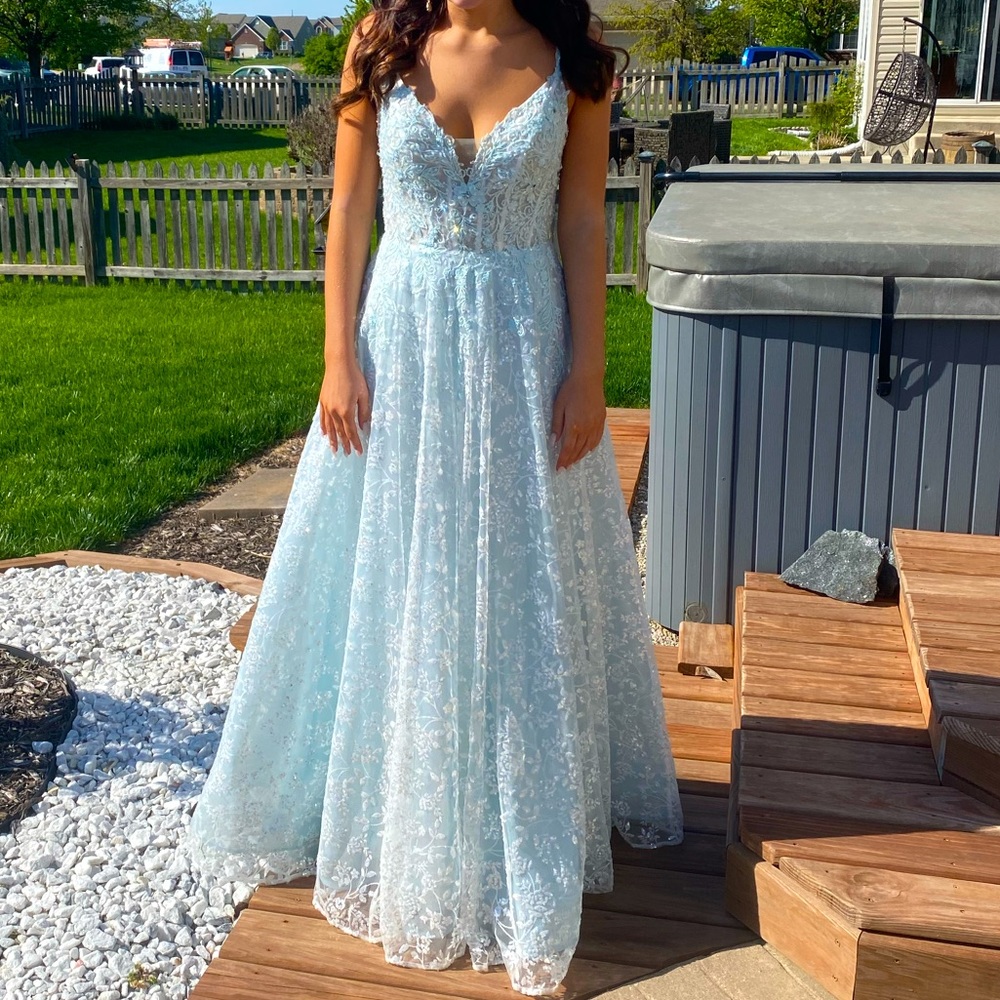 Blue with white lacing prom dress
